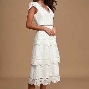 Lulus Sunshine Soiree White Eyelet Lace Tiered Midi Dress